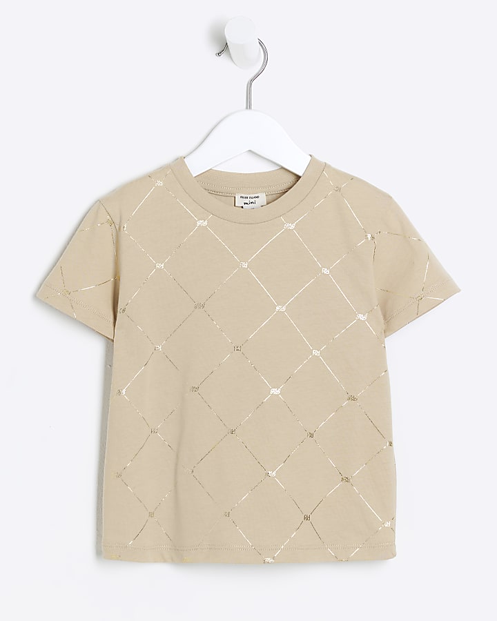 Mini boys beige foil monogram t-shirt