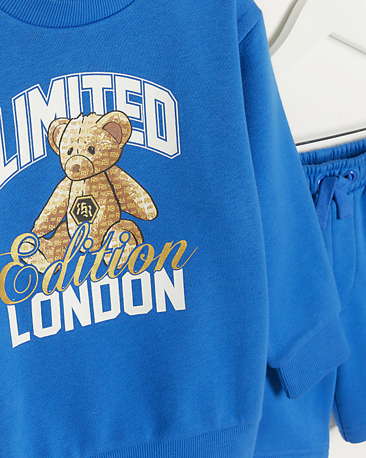 Mini boys blue bear sweatshirt and shorts set