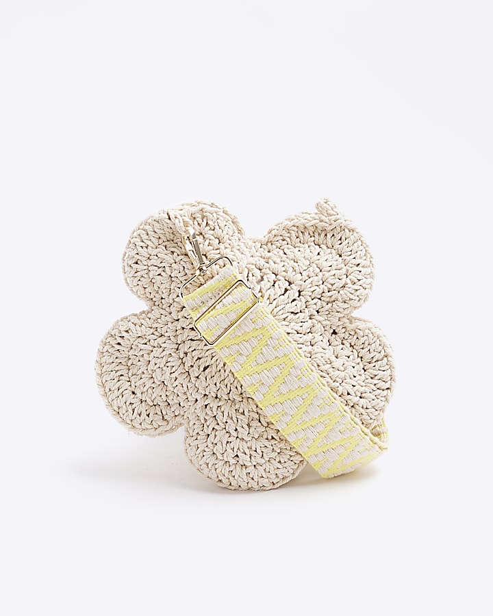 Girls beige crochet flower cross body bag