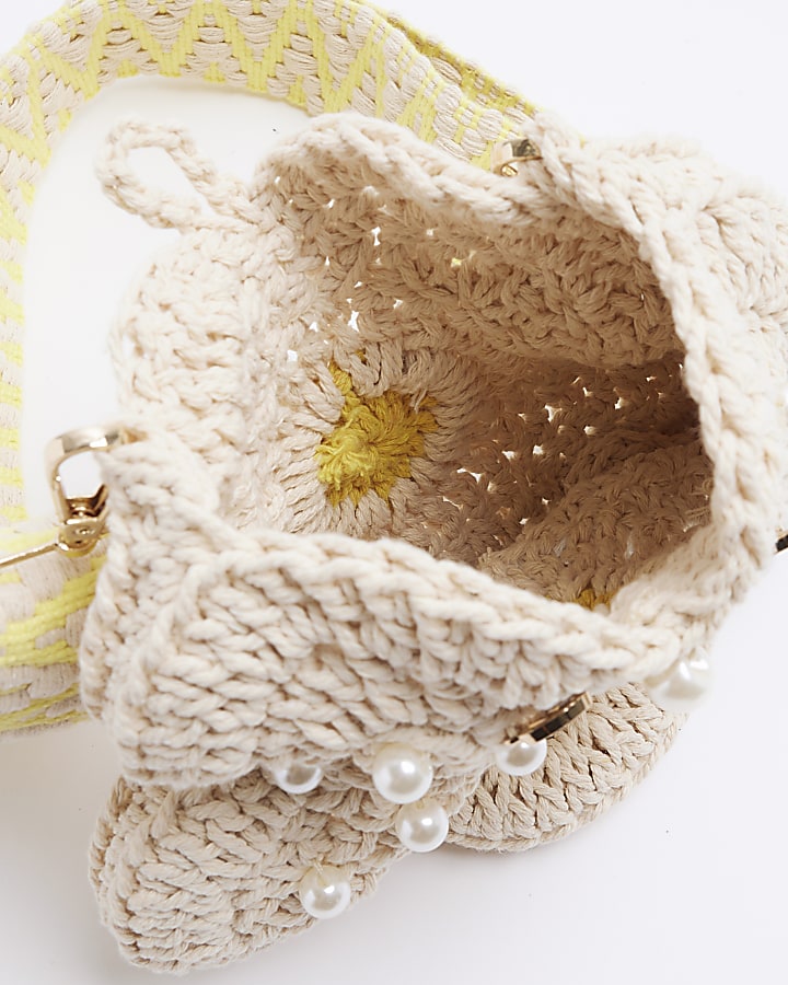 Girls beige crochet flower cross body bag