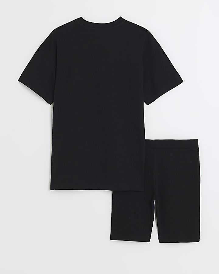 Girls black graphic t-shirt and shorts set