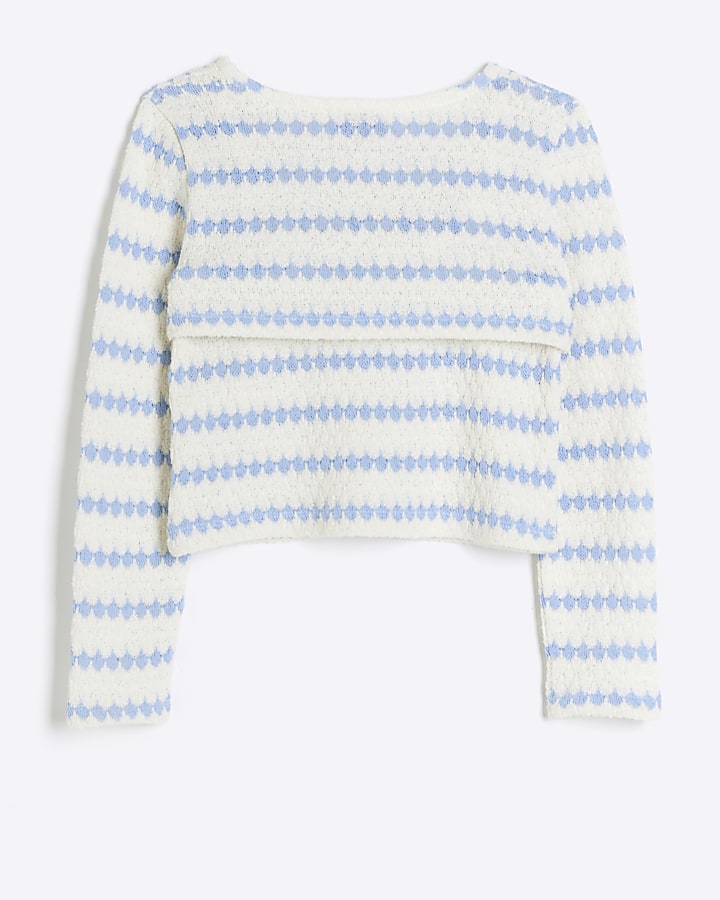 Girls blue crochet 2 in 1 long sleeve top