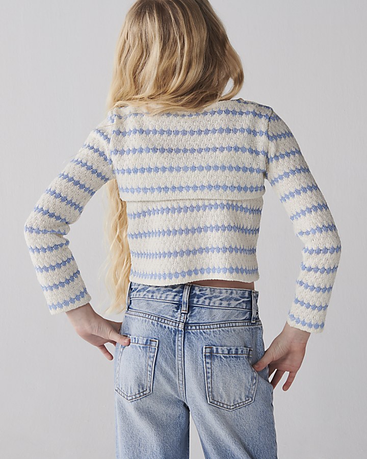 Girls blue crochet 2 in 1 long sleeve top | River Island