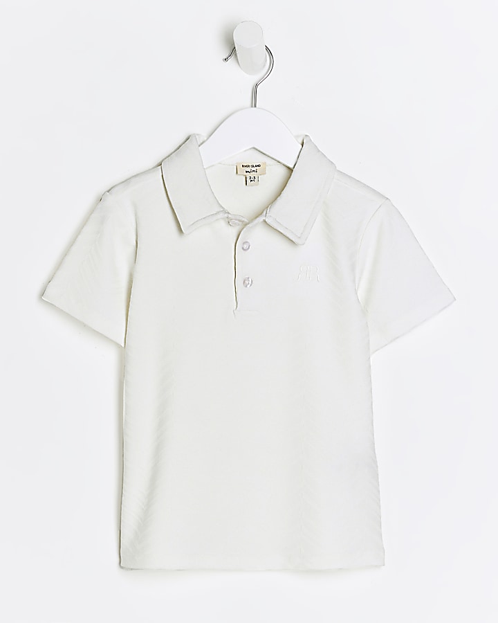 Mini boys white textured polo t-shirt