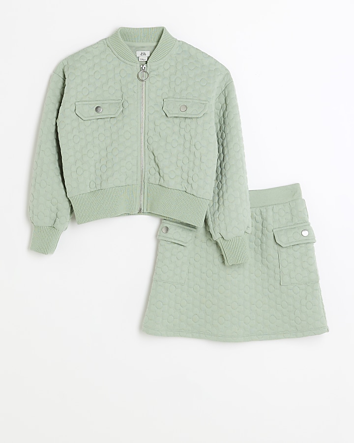Girls khaki quilted jacket and skirt set