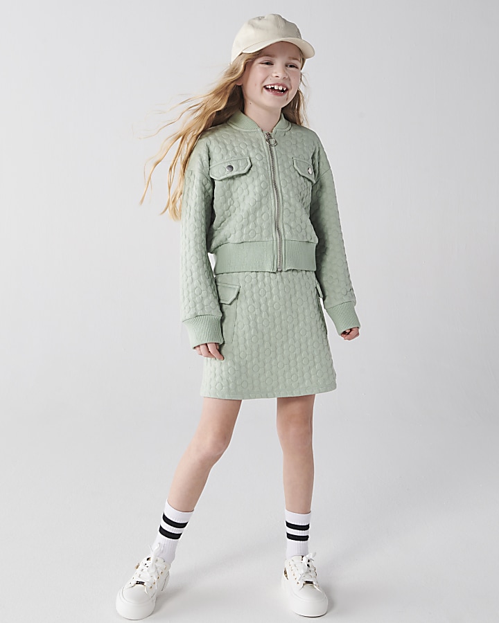 Girls khaki quilted jacket and skirt set