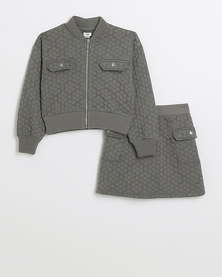 Girls grey floral quilted bomber jacket set River Island