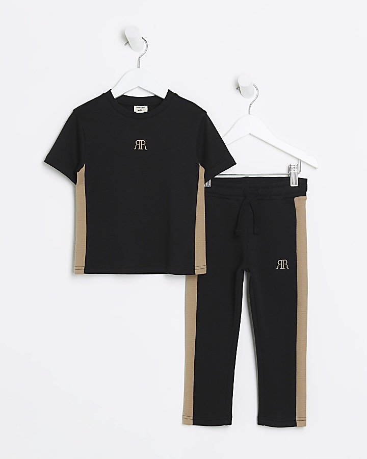 Mini boys black colour block t-shirt set