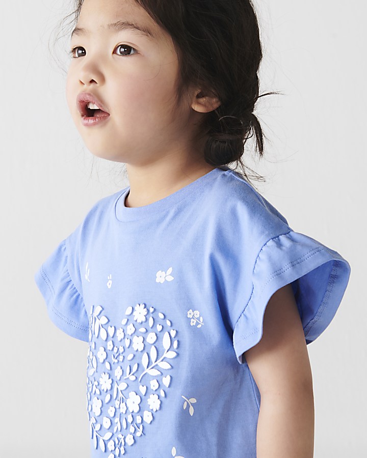 Mini girls blue embossed heart t-shirt