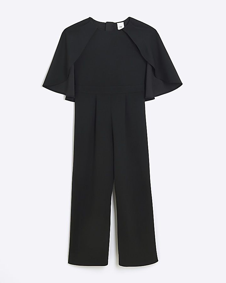 Girls black cape wide leg jumpsuit