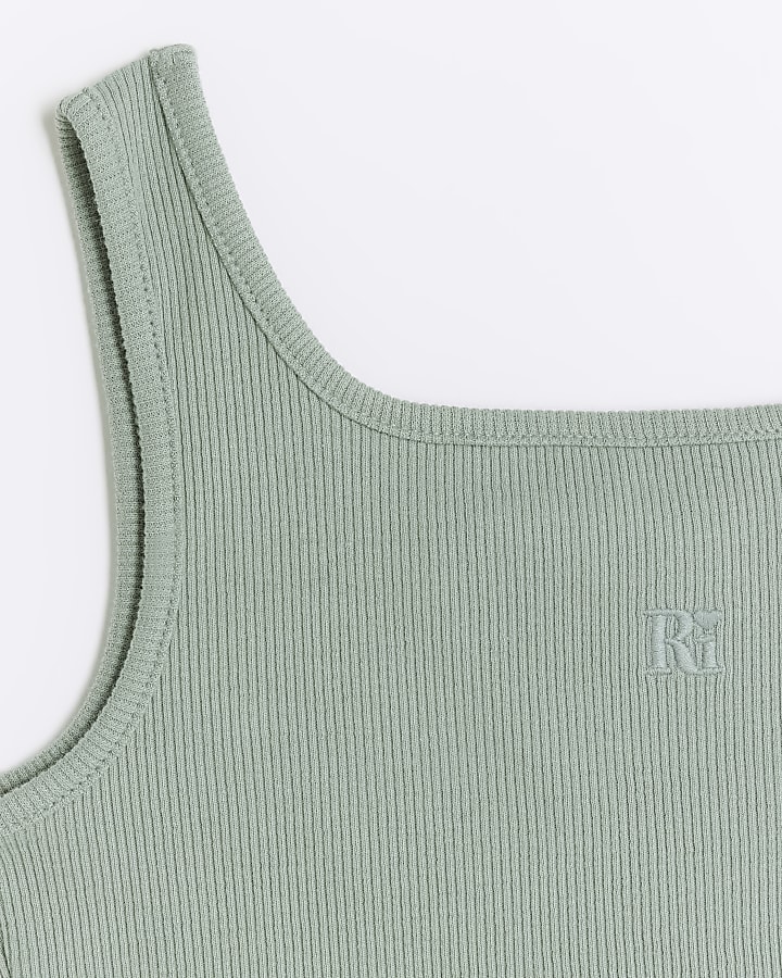 Girls khaki rib embroidered logo crop vest