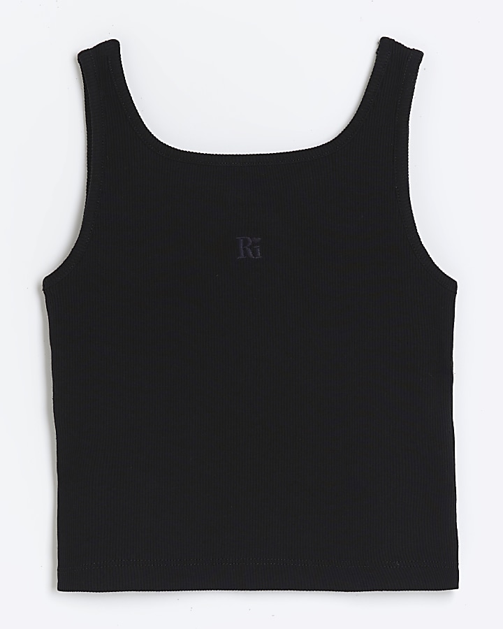 Girls black rib embroidered logo crop vest