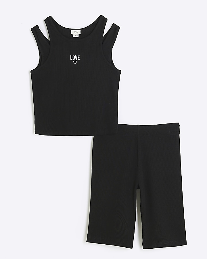 Girls black rib double strap tank top set