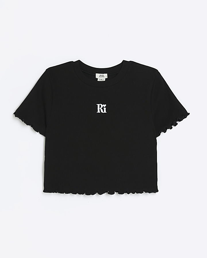 Girls black embroidered logo crop t-shirt