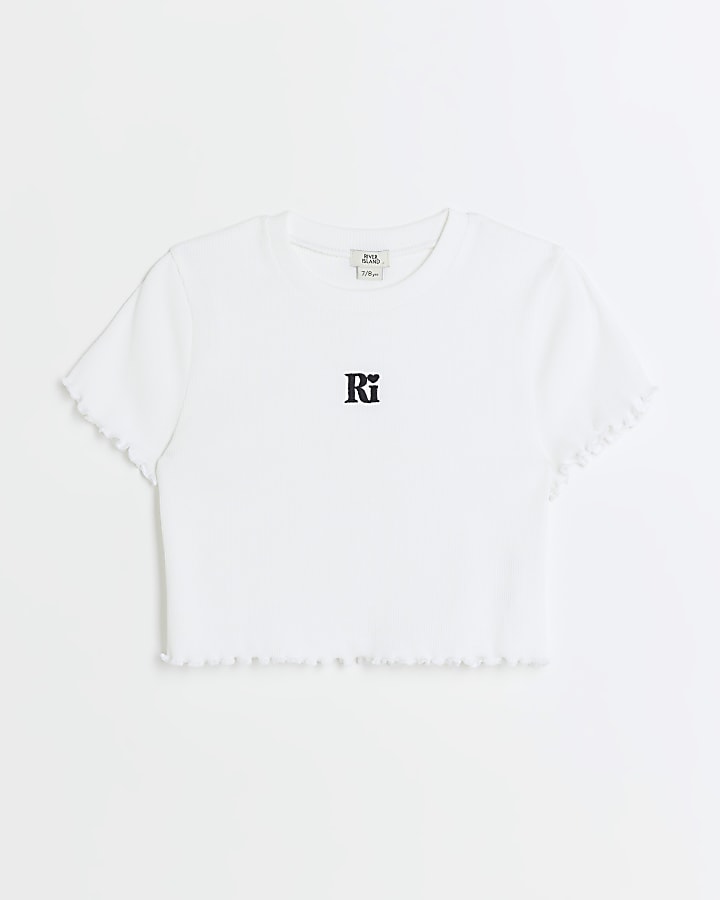 Girls white embroidered logo crop t-shirt