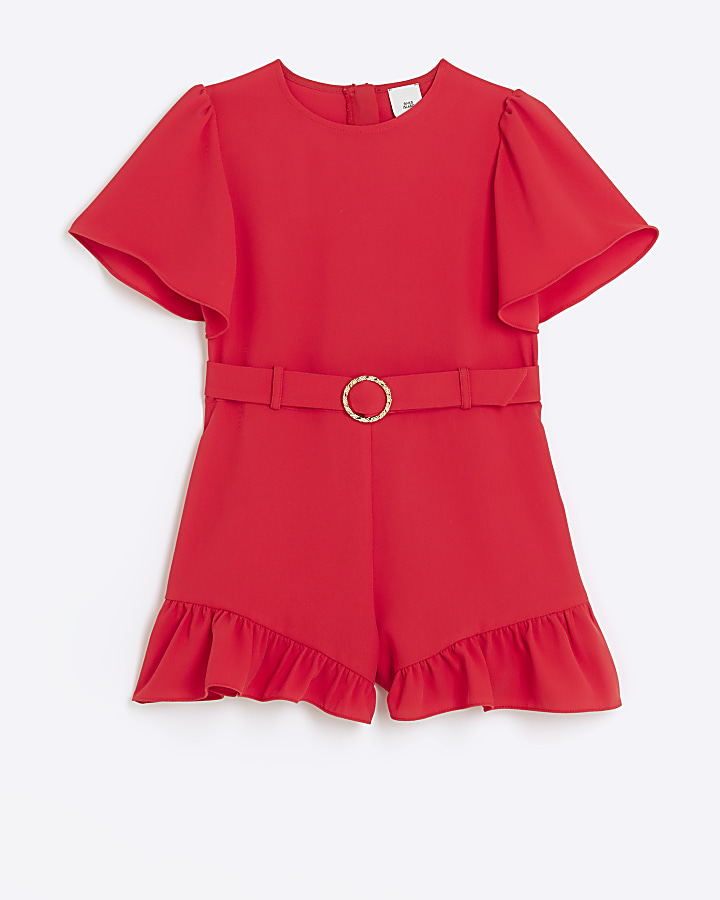 Girls red short sleeve belted playsuit