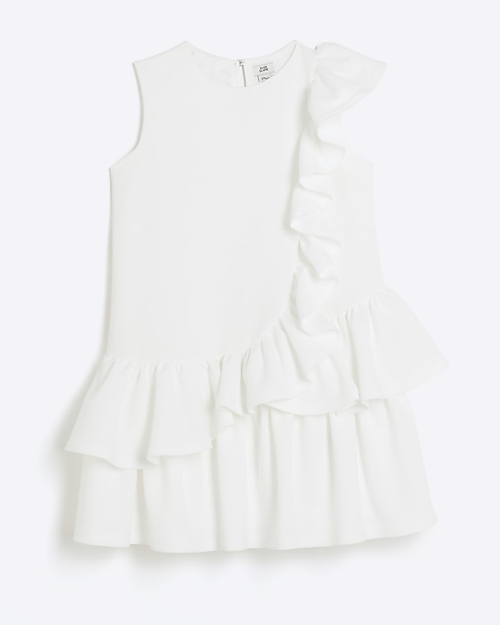 Girls cream frill sleeveless shift dress