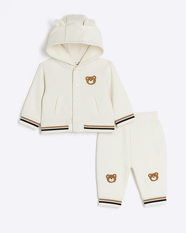 Baby cream embroidered bear hoodie set