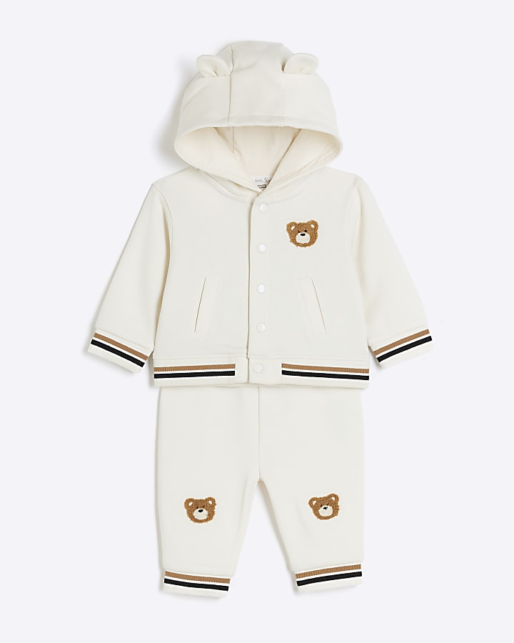 Baby cream embroidered bear hoodie set | River Island