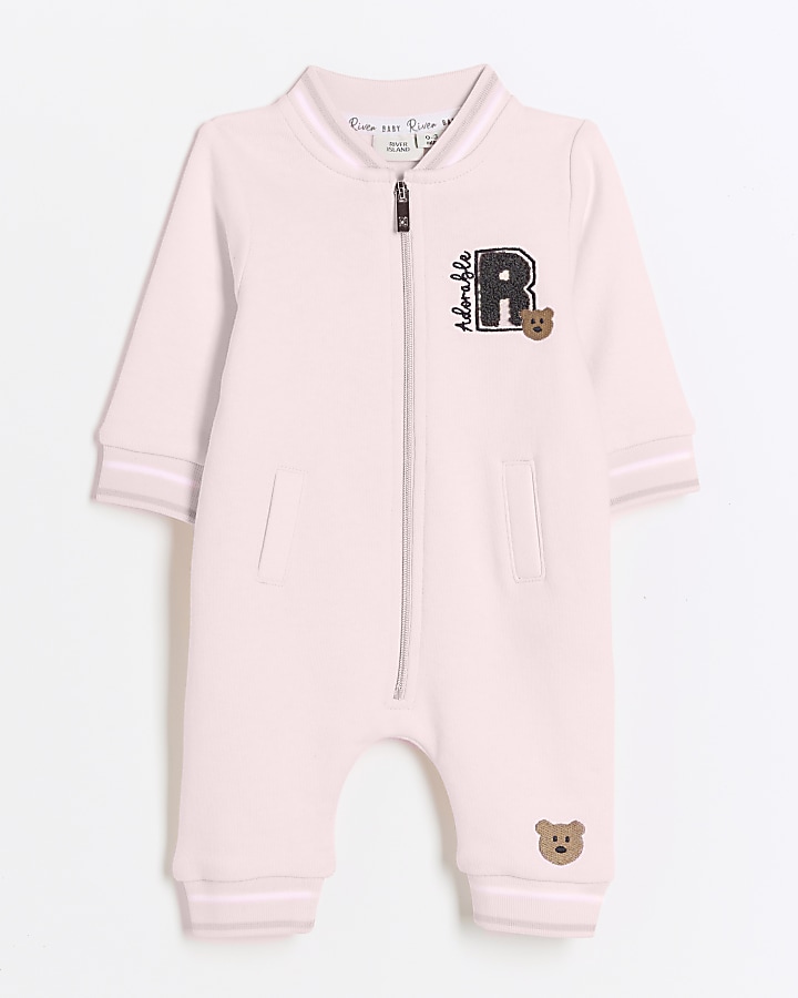 Baby girls pink bear zip up sleepsuit