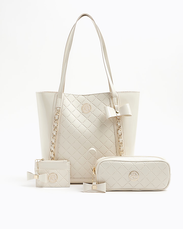 Girls cream quilted bow shopper bag bundle
