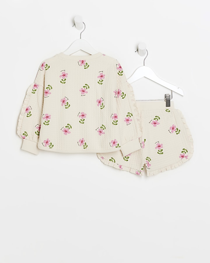 Mini girls ecru floral sweatshirt set