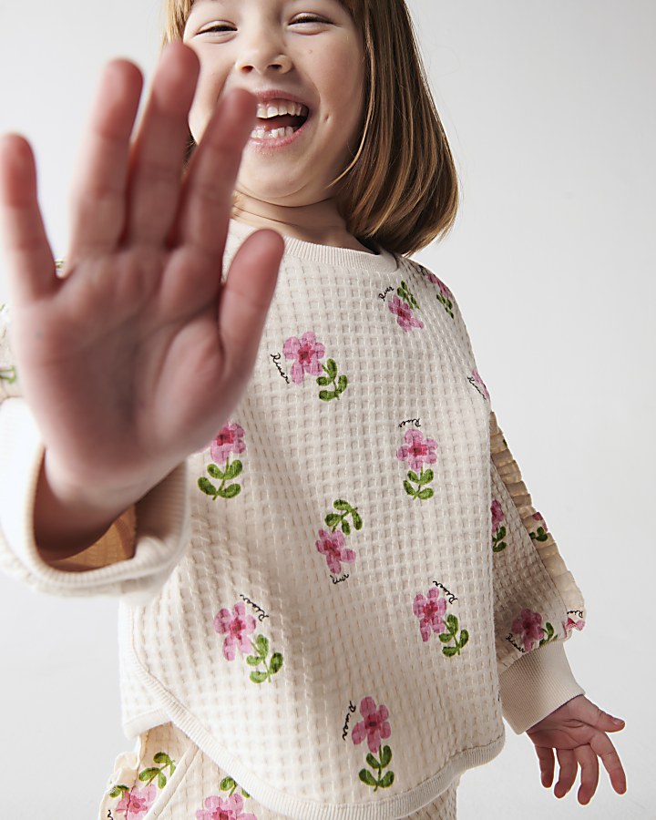 Mini girls ecru floral sweatshirt set