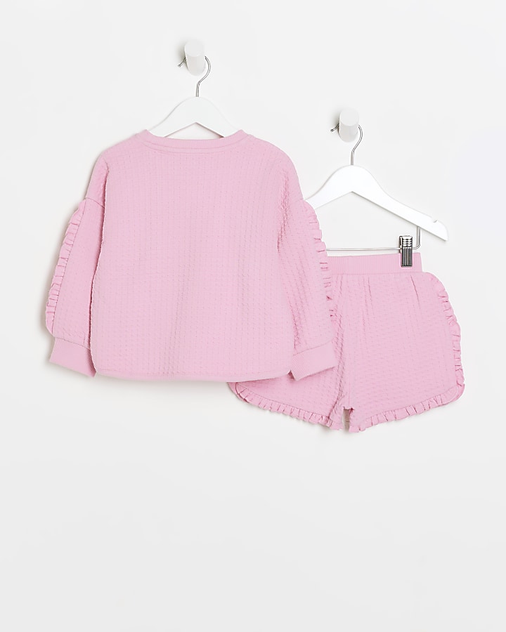 Mini girls pink textured frill sweatshirt set