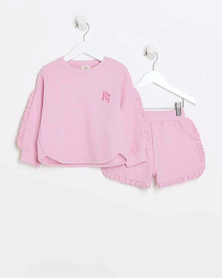 Mini girls pink textured frill sweatshirt set