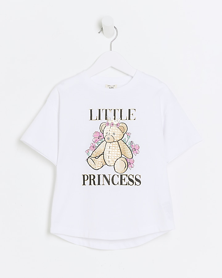 Mini Girls White Floral Bear T-shirt