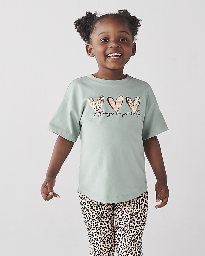 Mini girls khaki heart t-shirt set