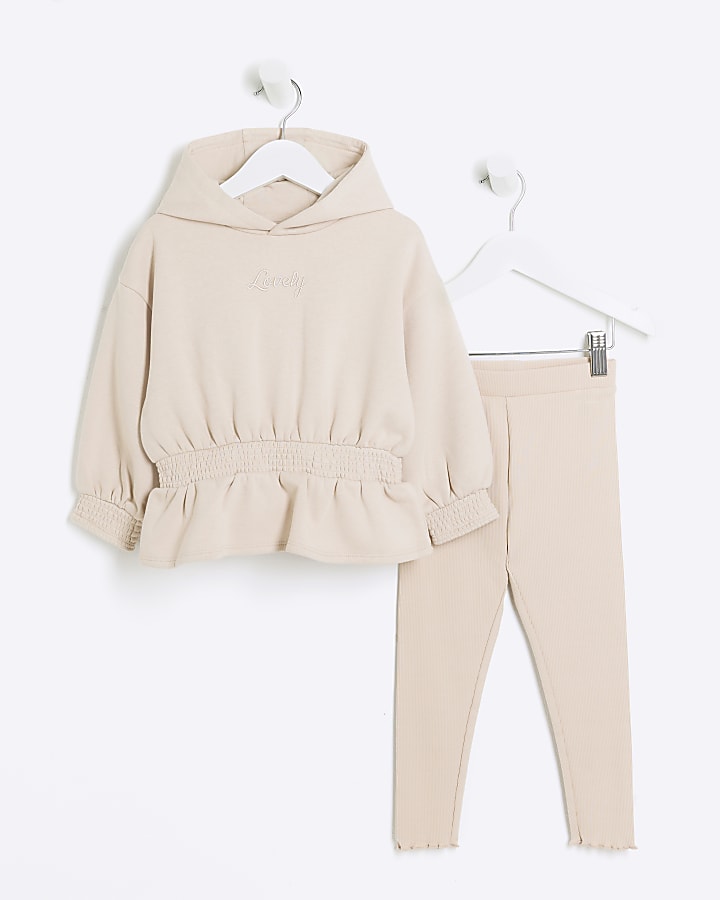 Mini girls beige peplum hoodie set