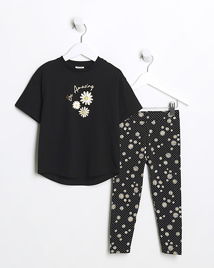 Mini girls black daisy t-shirt set