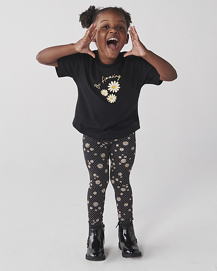 Mini girls black daisy t-shirt set