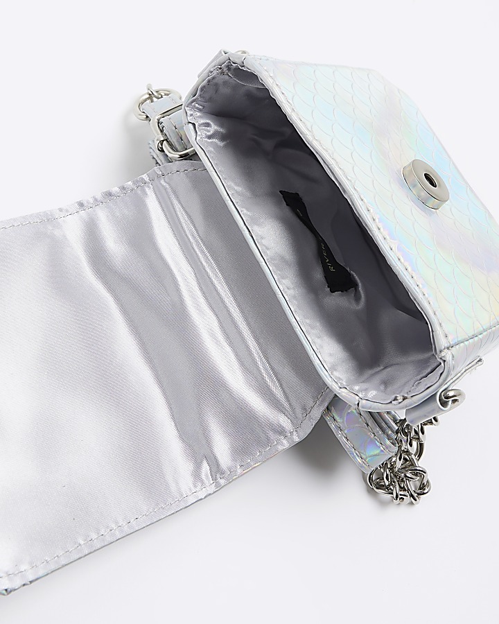 Girls silver iridescent chain cross body bag
