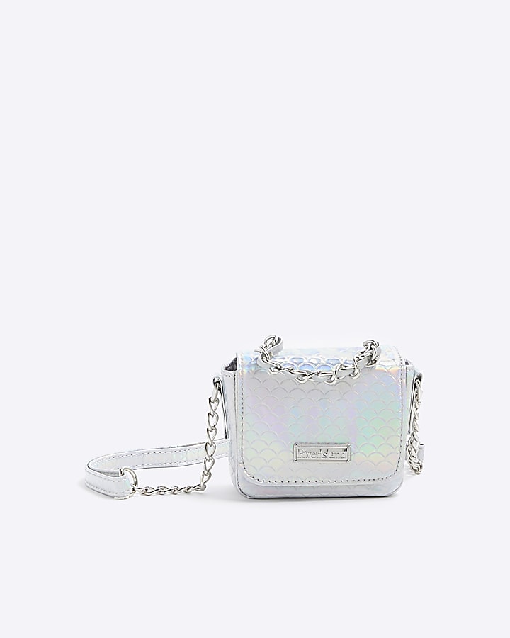 Girls silver iridescent chain cross body bag