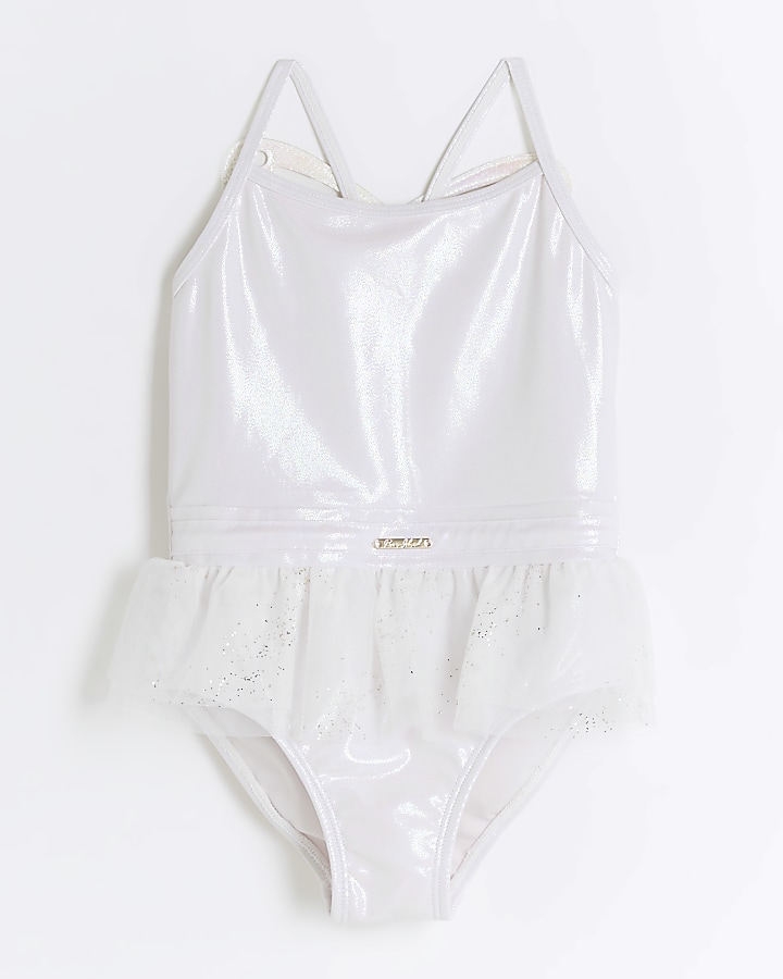 Mini girls cream butterfly frill swimsuit