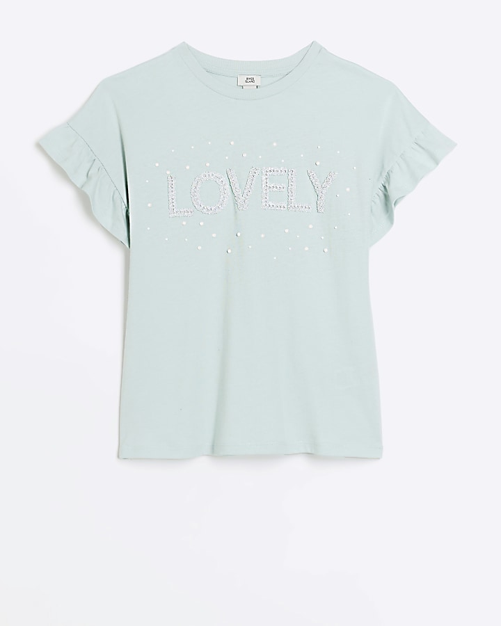 Girls green pearl embellished t-shirt