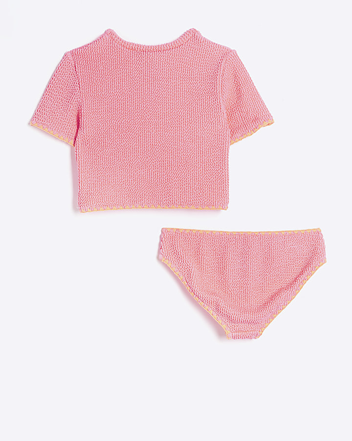 Girls coral textured t-shirt bikini set