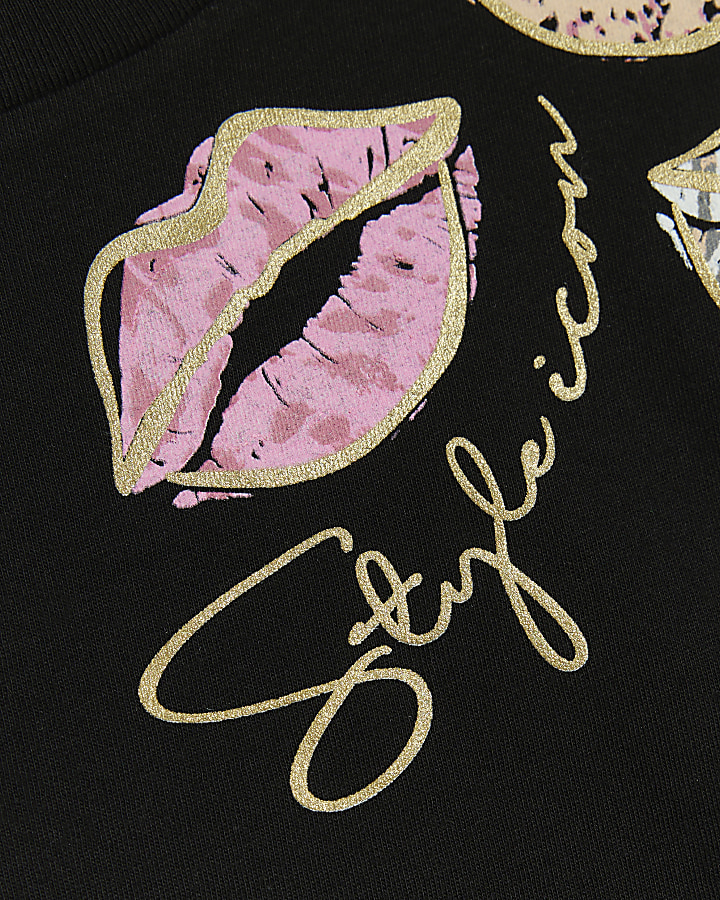 Girls black lips graphic crop t-shirt
