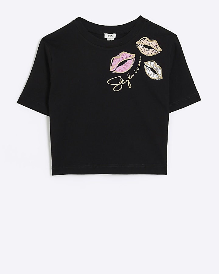 Girls black lips graphic crop t-shirt