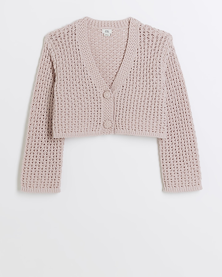 Girls pink crochet crop cardigan