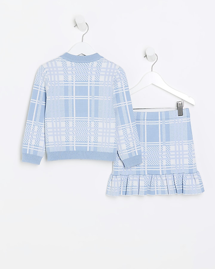 Mini girls blue check cardigan and skirt set