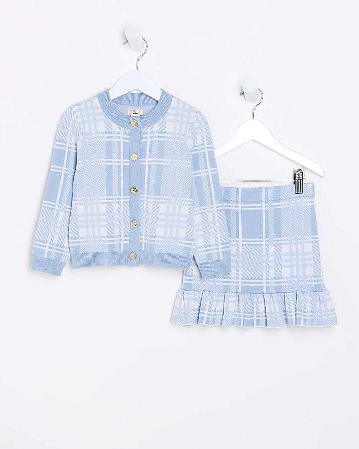 Mini girls blue check cardigan and skirt set