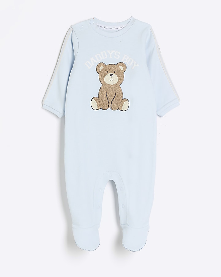 Baby boys blue embroidered bear sleepsuit