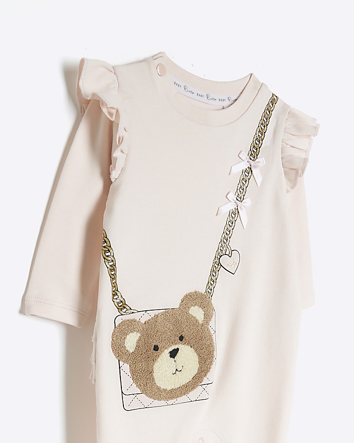 Baby girls pink bear bag sleepsuit