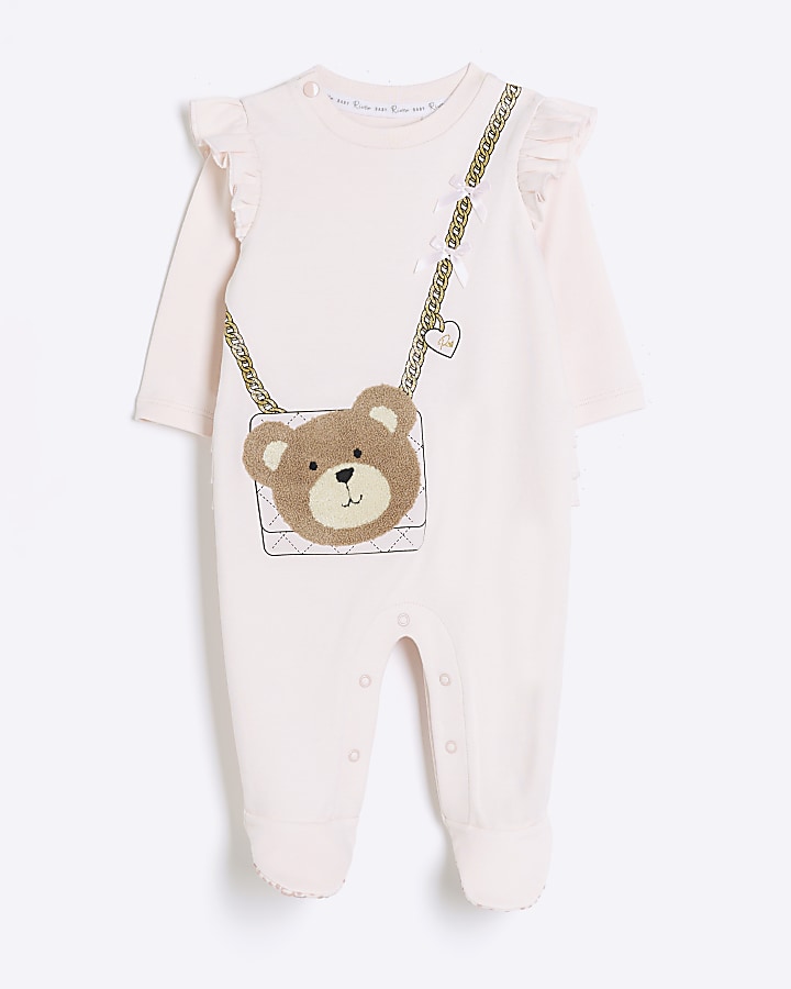 Baby girls pink bear bag sleepsuit
