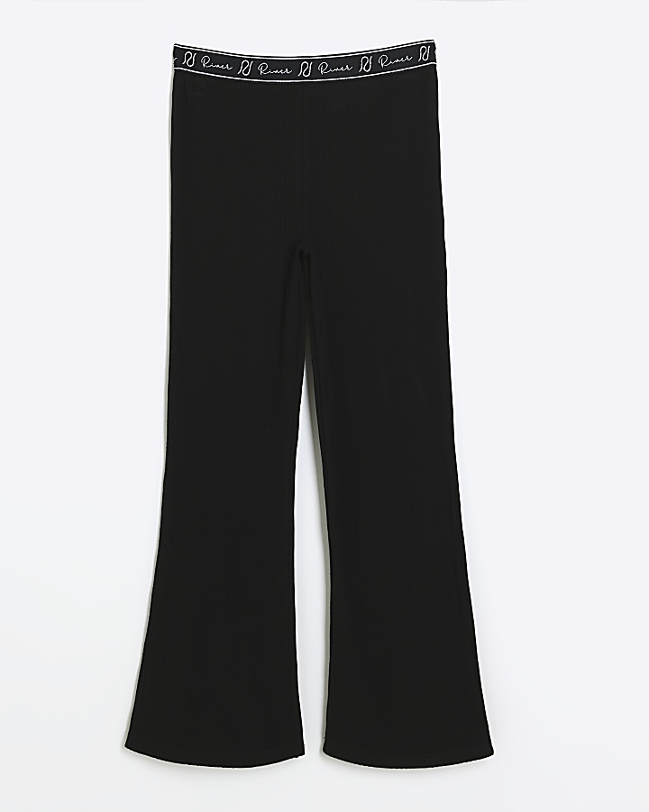 Girls black rib RI flared trousers