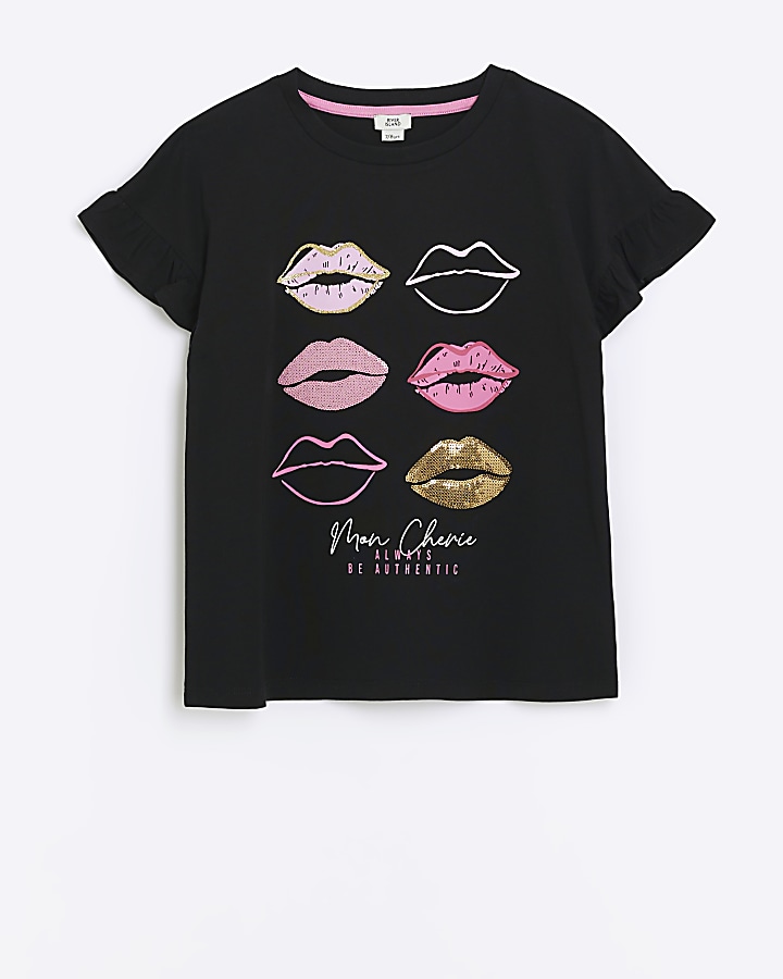 Girls black embellished lips t-shirt