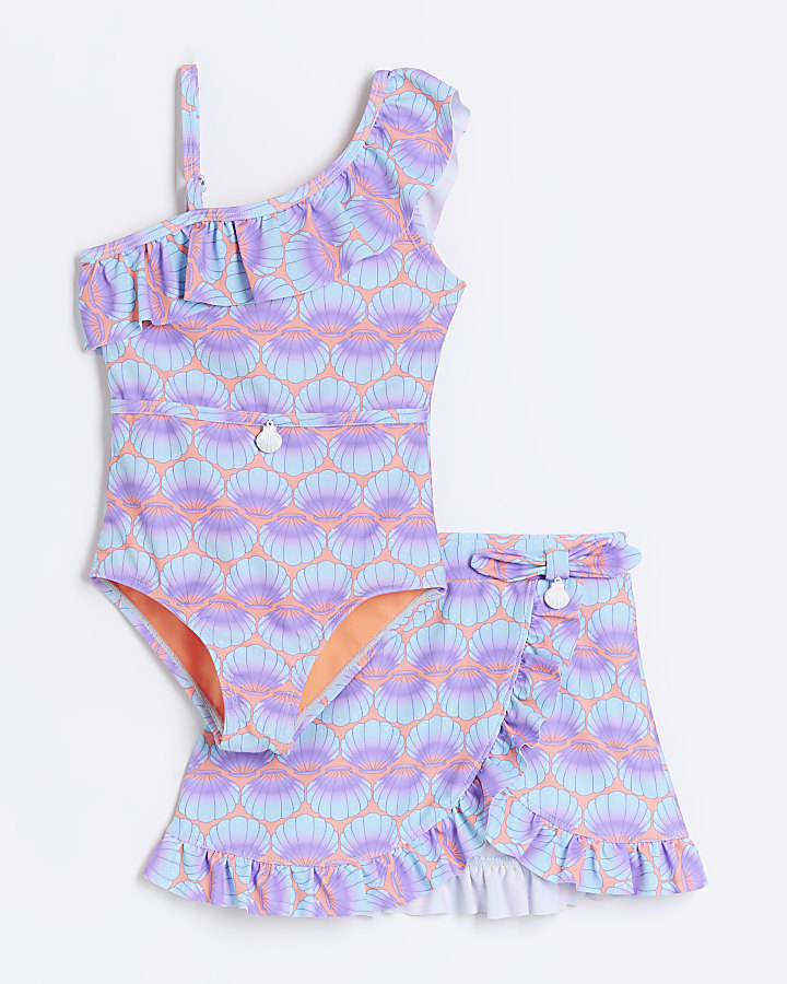 Mini girls coral shell swimsuit and skirt set